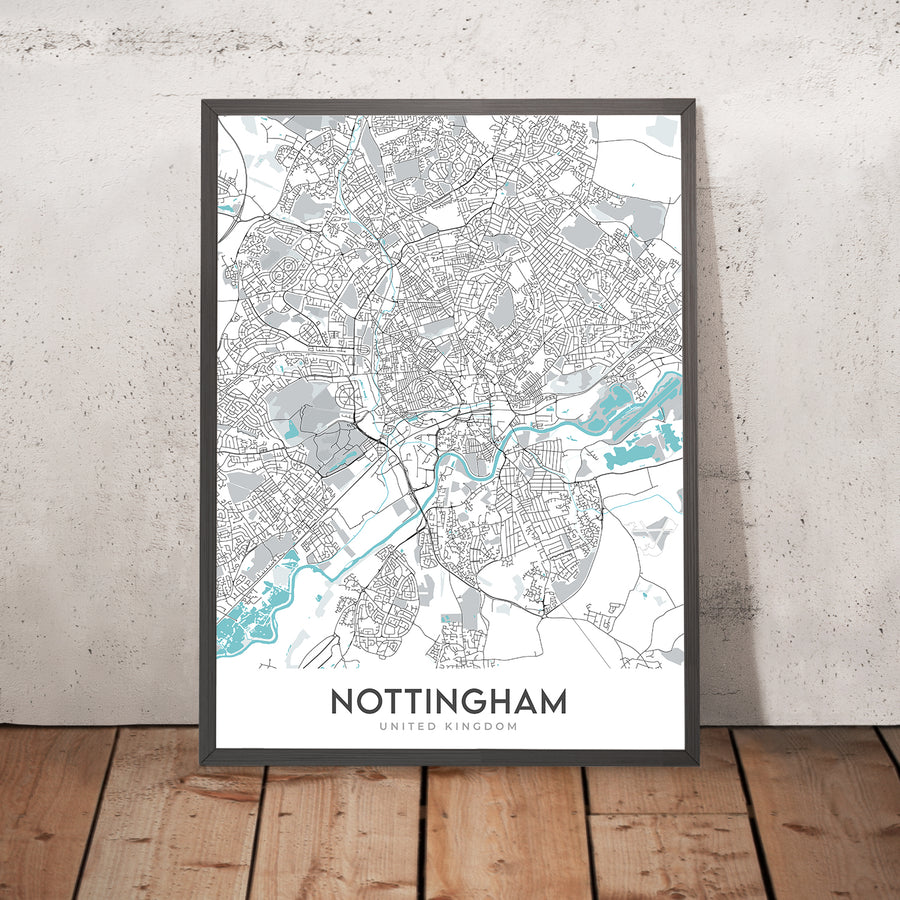 Mapa moderno de la ciudad de Nottingham, Reino Unido: centro de la ciudad, castillo, catedral, puente de Trent, bosque de Sherwood