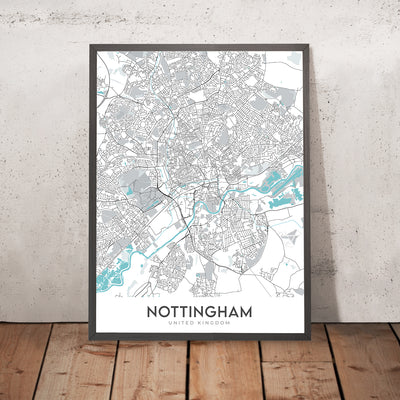 Plan de la ville moderne de Nottingham, Royaume-Uni : centre-ville, château, cathédrale, pont Trent, forêt de Sherwood