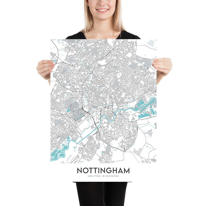 Mapa moderno de la ciudad de Nottingham, Reino Unido: centro de la ciudad, castillo, catedral, puente de Trent, bosque de Sherwood