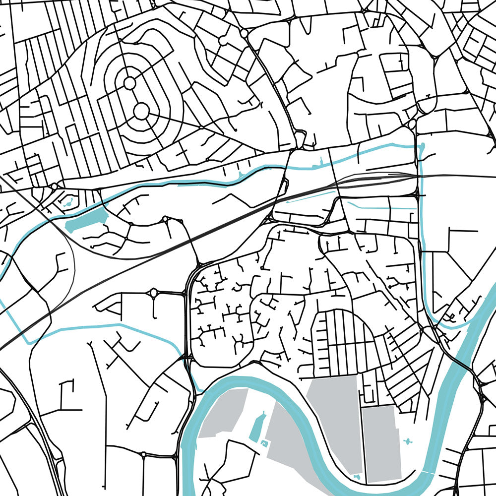 Plan de la ville moderne de Nottingham, Royaume-Uni : centre-ville, château, cathédrale, pont Trent, forêt de Sherwood