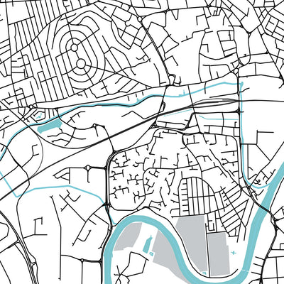 Mapa moderno de la ciudad de Nottingham, Reino Unido: centro de la ciudad, castillo, catedral, puente de Trent, bosque de Sherwood