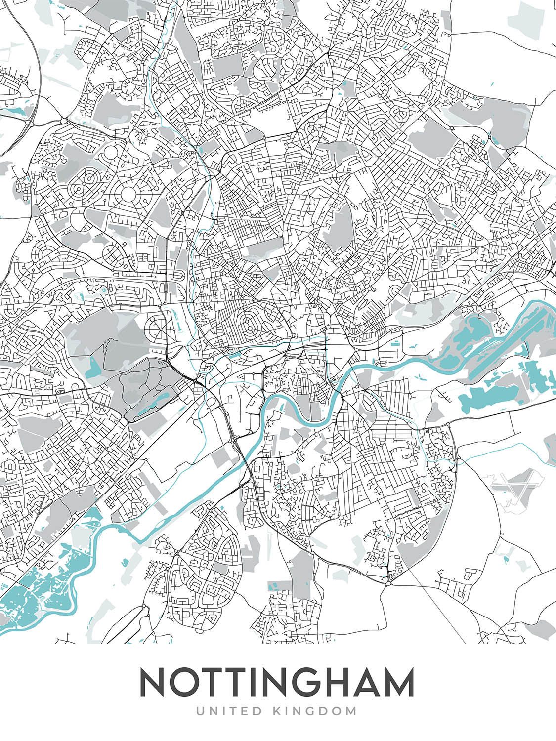 Modern City Map of Nottingham, UK: City Centre, Castle, Cathedral, Tre ...
