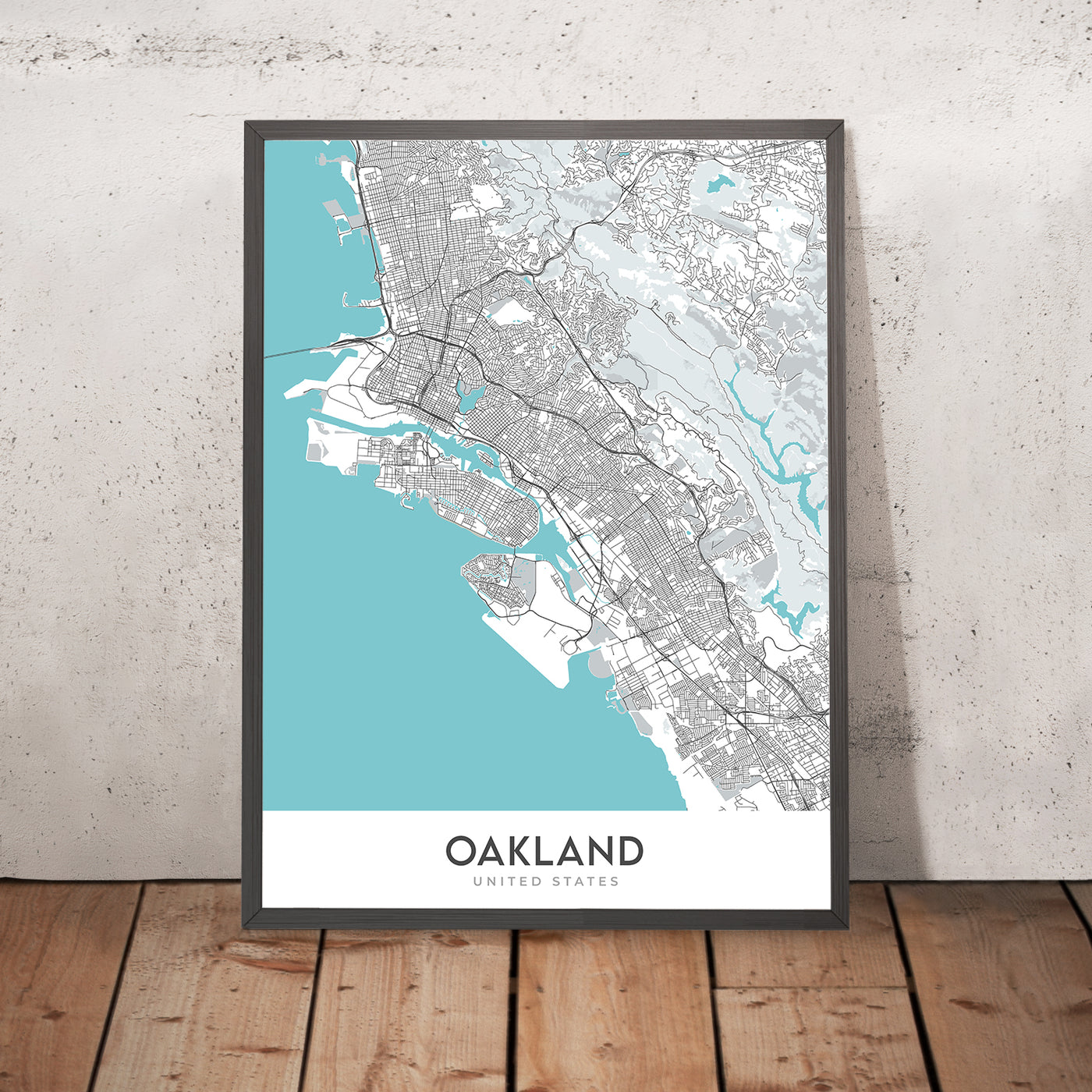 Plan de la ville moderne d'Oakland, Californie : centre-ville, Jack London Sq, Chinatown, Lake Merritt, Fox Theatre