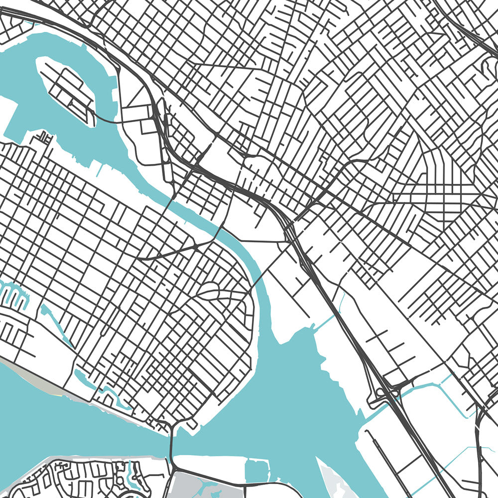 Mapa moderno de la ciudad de Oakland, CA: centro, Jack London Sq, Chinatown, Lake Merritt, Fox Theatre