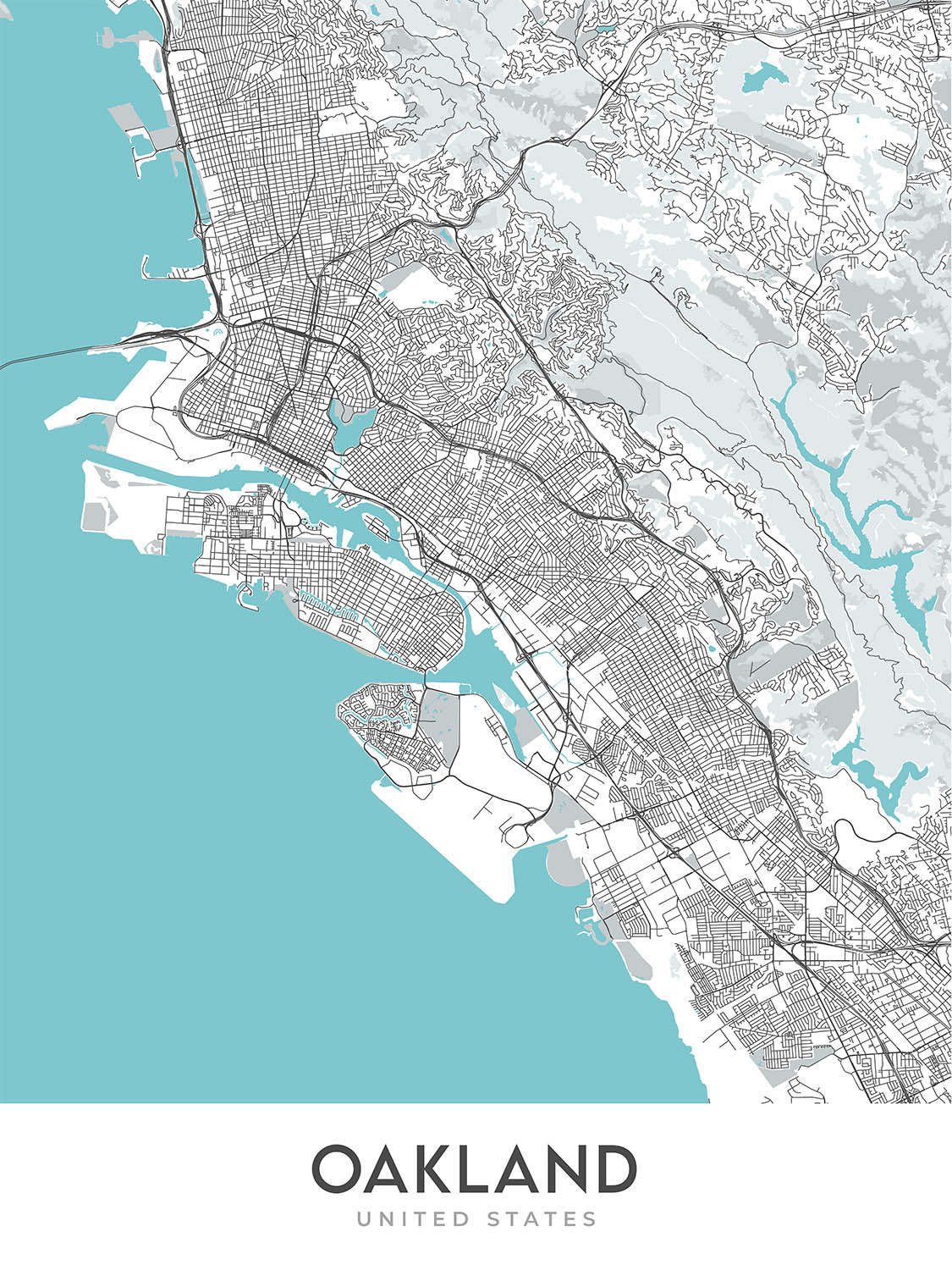Moderner Stadtplan von Oakland, Kalifornien: Innenstadt, Jack London Square, Chinatown, Lake Merritt, Fox Theater
