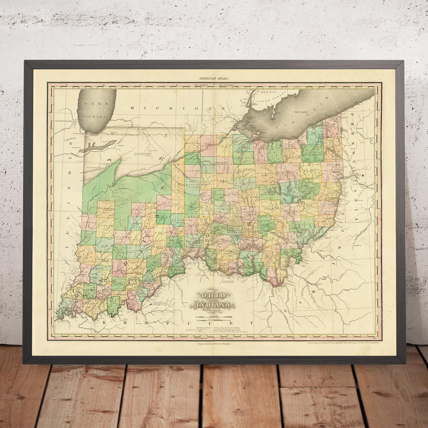 Antiguo mapa de Ohio e Indiana por H.S. Tanner, 1820: Cincinnati, Columbus, Indianápolis, Cleveland y Dayton.