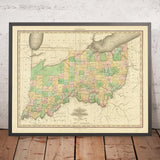 Old map of Ohio and Indiana by H.S. Tanner, 1820: Cincinnati, Columbus, Indianapolis, Cleveland, and Dayton