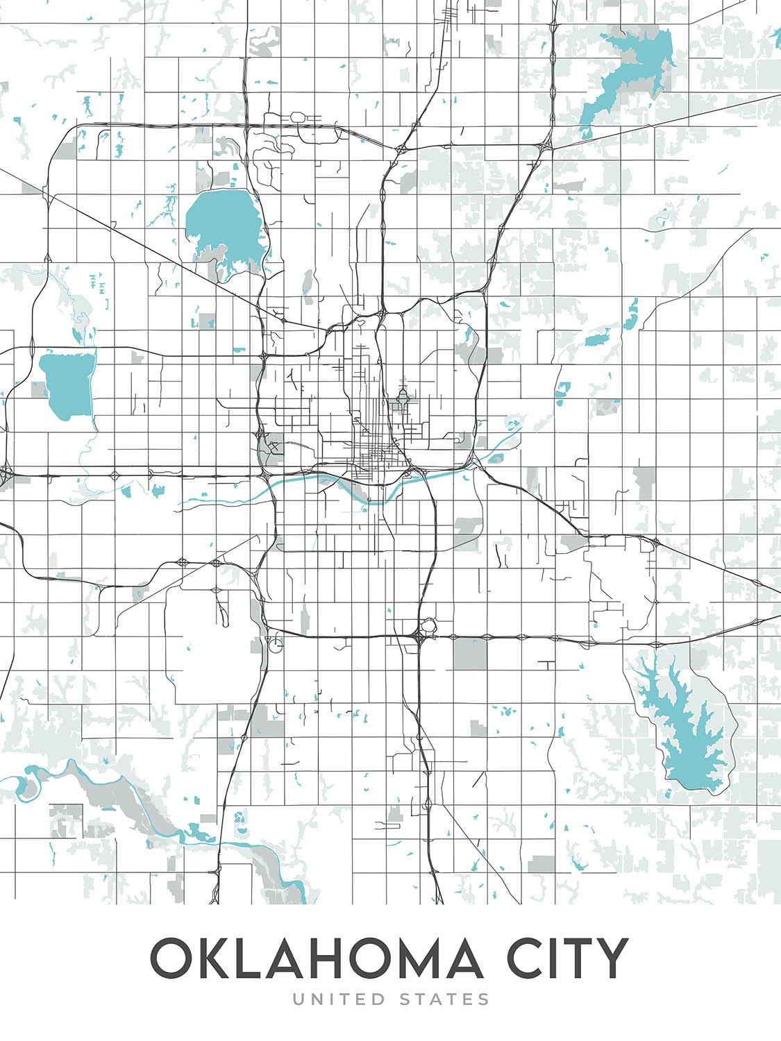 Plan de la ville moderne d'Oklahoma City, OK : centre-ville, Bricktown, Paseo, Midtown, Capitole
