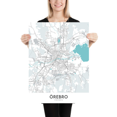 Mapa moderno de la ciudad de Örebro, Suecia: castillo, catedral, universidad, E18, E20