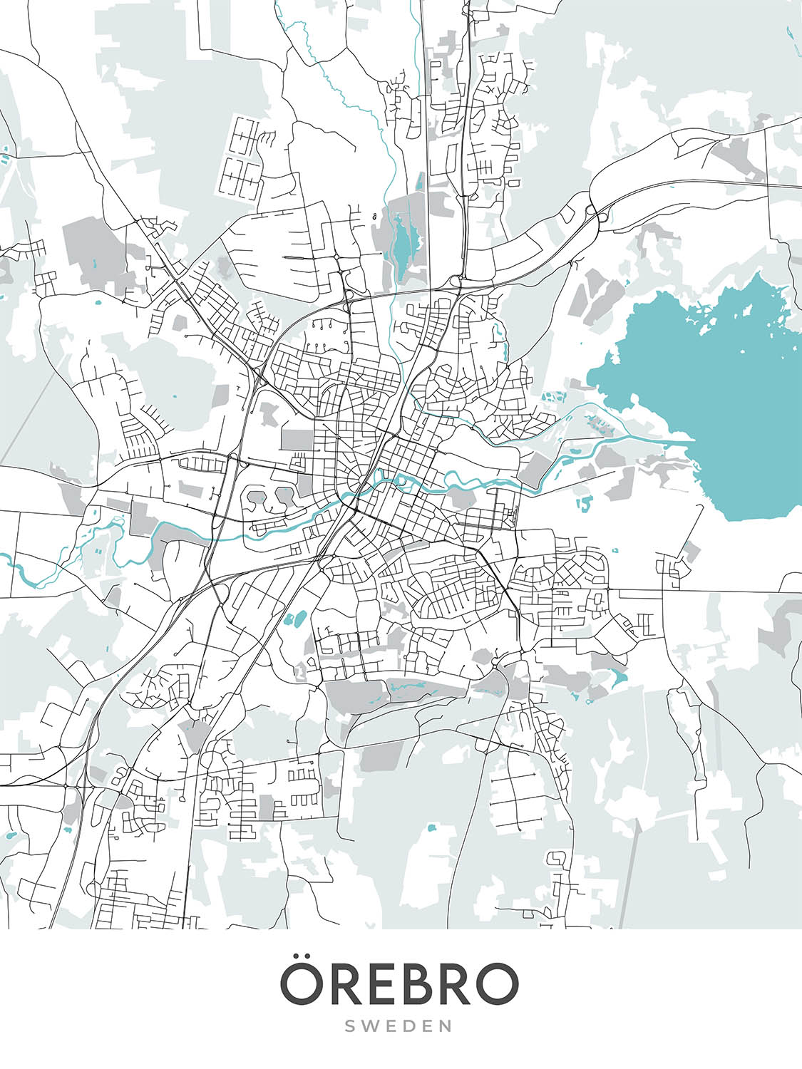 Mapa moderno de la ciudad de Örebro, Suecia: castillo, catedral, universidad, E18, E20