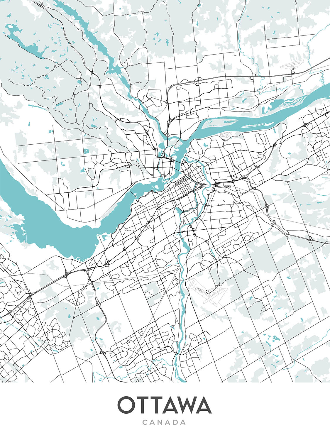 Moderner Stadtplan von Ottawa, Kanada: Parlament, Rideau Hall, ByWard Market, Carleton University, Universität von Ottawa