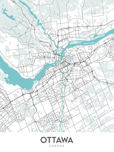 Modern City Map of Ottawa, Canada: Parliament, Rideau Hall, ByWard Market, Carleton University, University of Ottawa