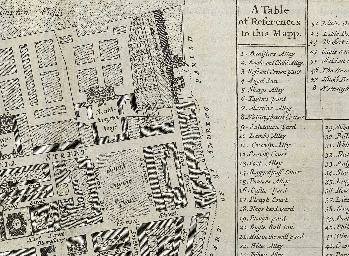 Mapa antiguo de Londres St Giles en 1720 por John Strype y John Stow - Great Russell Street, Lincoln's Inn Fields, High Holborn, Drury Lane