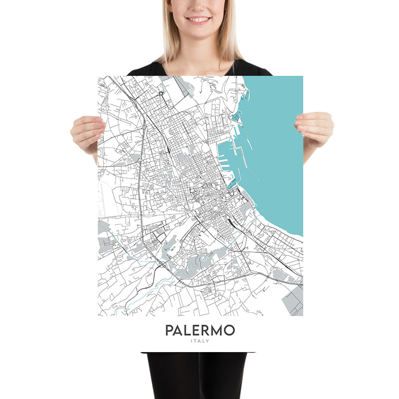 Modern City Map of Palermo, Italy: Albergheria, Kalsa, Teatro Massimo, Politeama, Quattro Canti