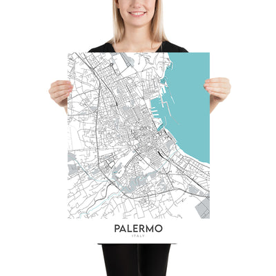 Mapa moderno de la ciudad de Palermo, Italia: Albergheria, Kalsa, Teatro Massimo, Politeama, Quattro Canti