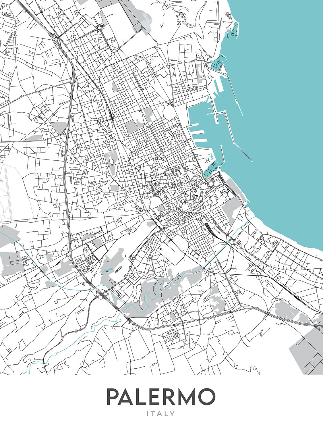 Plan de la ville moderne de Palerme, Italie : Albergheria, Kalsa, Teatro Massimo, Politeama, Quattro Canti