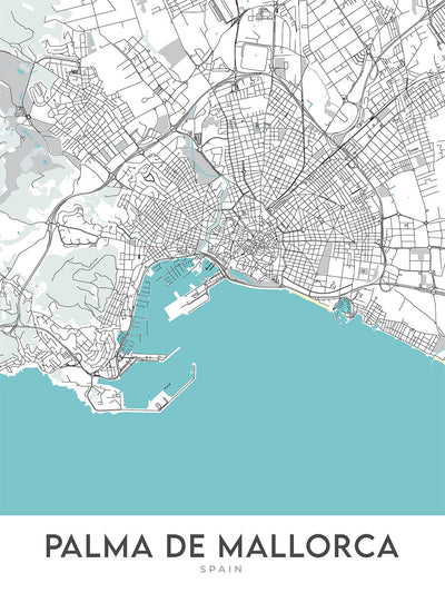 Plan de la ville moderne de Palma de Majorque, Espagne : vieille ville, Santa Catalina, Paseo Maritimo
