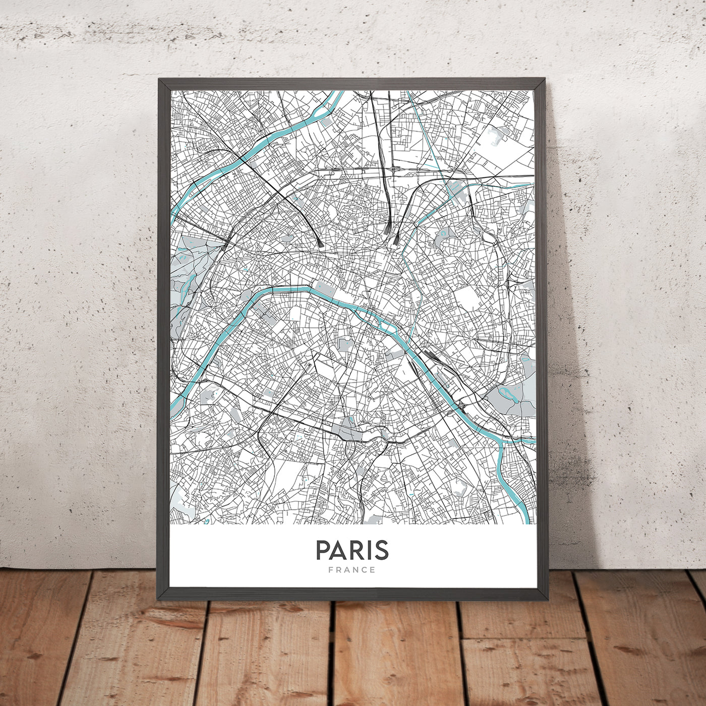 Moderner Stadtplan von Paris, Frankreich: Eiffelturm, Louvre, Notre-Dame, Champs-Élysées, Montmartre