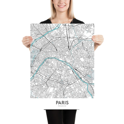 Moderner Stadtplan von Paris, Frankreich: Eiffelturm, Louvre, Notre-Dame, Champs-Élysées, Montmartre