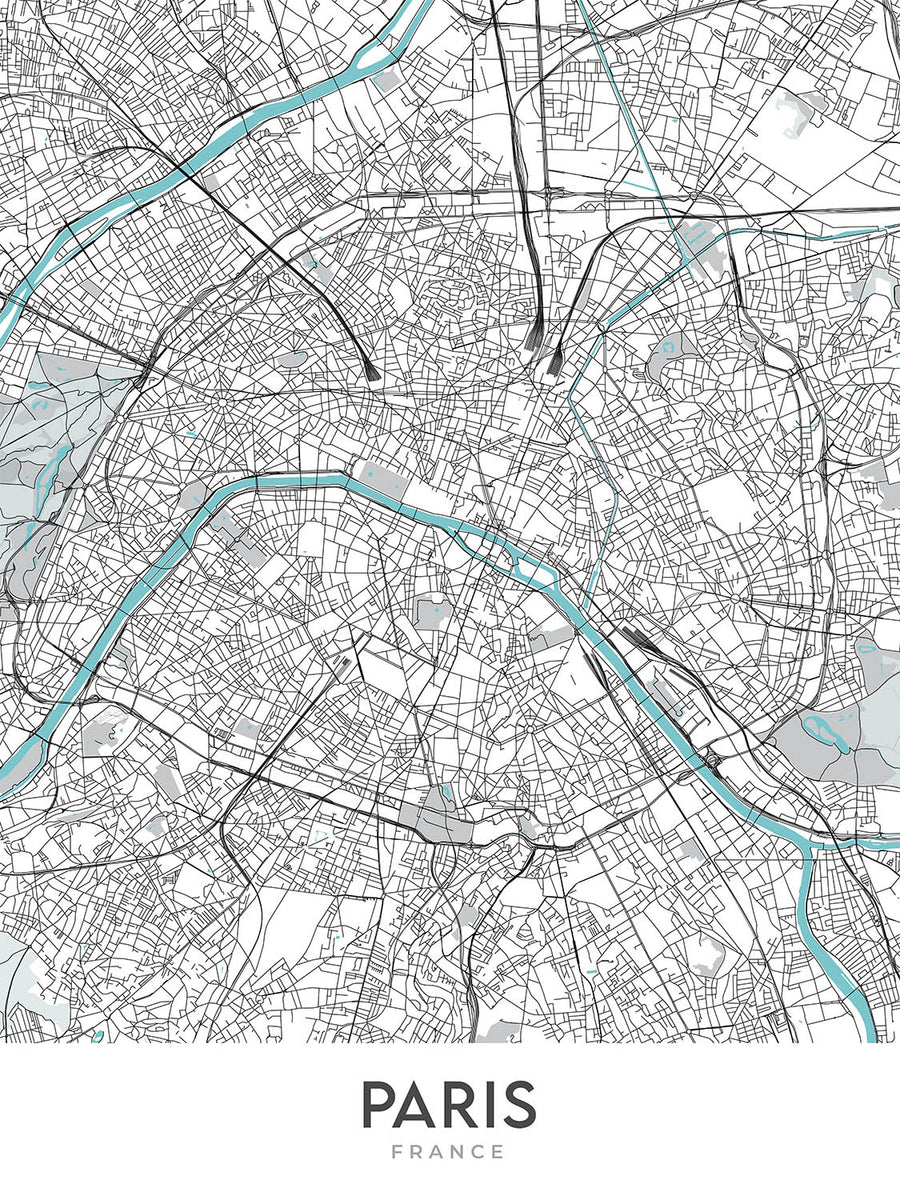 Mappa della città moderna di Parigi, Francia: Torre Eiffel, Louvre, Notre-Dame, Champs-Élysées, Montmartre 