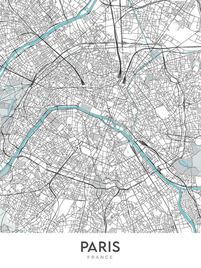 Mapa moderno de la ciudad de París, Francia: Torre Eiffel, Louvre, Notre-Dame, Campos Elíseos, Montmartre