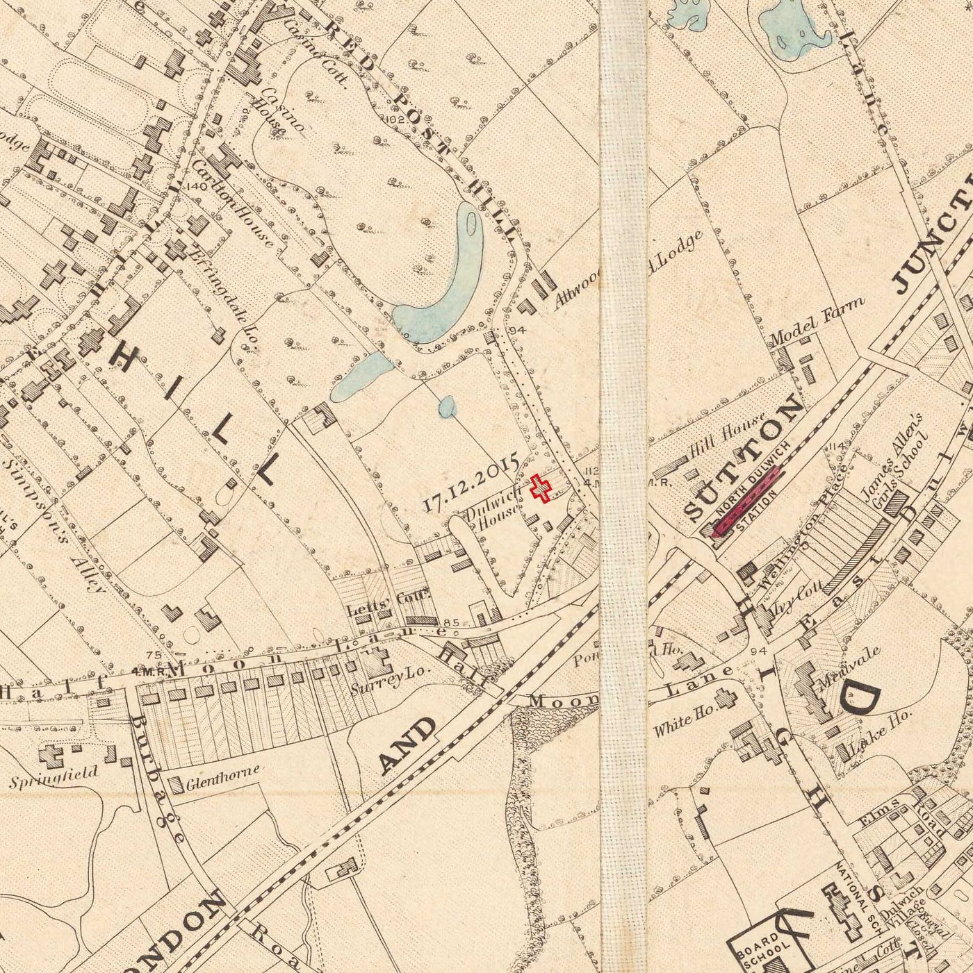 Antiguo mapa en color del sur de Londres, 1891 - Clapham, Balham, Brixton, Tooting, Common, Park - SW2, SW4, SW12, SW17, SW11