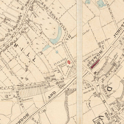 Ancienne carte en couleur du sud de Londres, 1891 - Wandsworth, Wimbledon, Putney, Earlsfield, River Wandle - SW15, SW18, SW19
