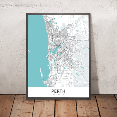 Mapa moderno de la ciudad de Perth, Australia: CBD, Kings Park, Swan River, Optus Stadium, Mitchell Fwy