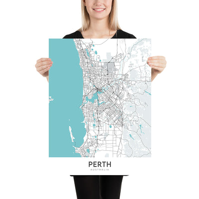 Mapa moderno de la ciudad de Perth, Australia: CBD, Kings Park, Swan River, Optus Stadium, Mitchell Fwy