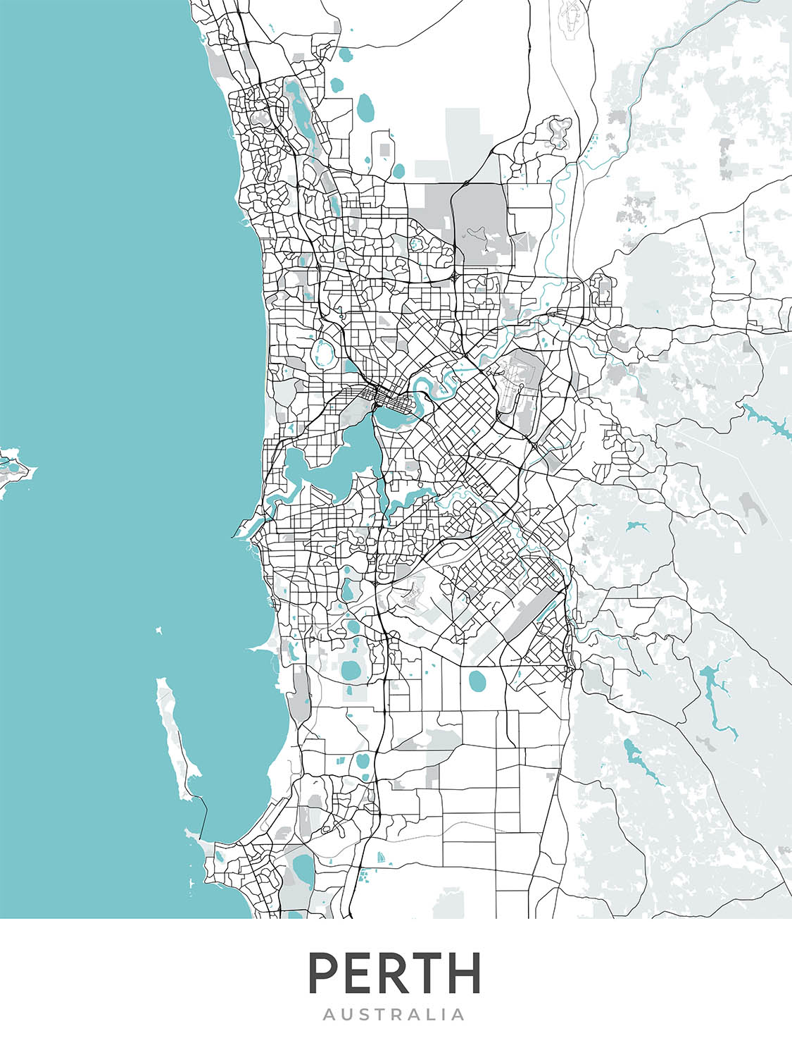 Plan de la ville moderne de Perth, Australie : CBD, Kings Park, Swan River, Optus Stadium, Mitchell Fwy