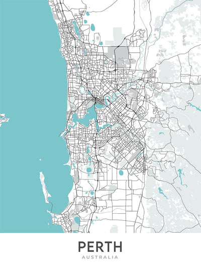 Modern City Map of Perth, Australia: CBD, Kings Park, Swan River, Optus Stadium, Mitchell Fwy