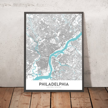 Mappa della città moderna di Philadelphia, PA: Old City, Independence Hall, fiume Schuylkill, ponte Ben Franklin, Fairmount Park 