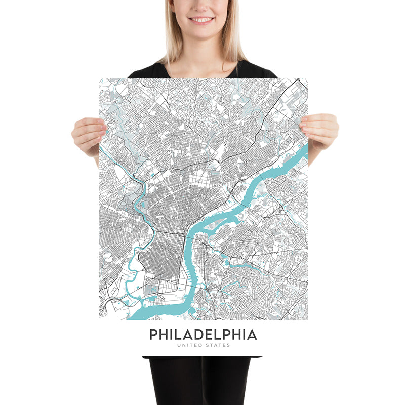 Moderner Stadtplan von Philadelphia, PA: Altstadt, Independence Hall, Schuylkill River, Ben Franklin Bridge, Fairmount Park