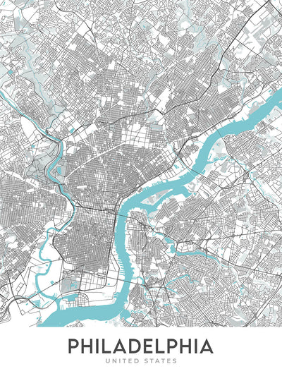 Plan de la ville moderne de Philadelphie, Pennsylvanie : vieille ville, Independence Hall, rivière Schuylkill, pont Ben Franklin, Fairmount Park
