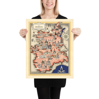 Antiguo mapa pictórico de Piemonte por De Agostini, 1938: Turín, Novara, Vercelli, Biella, Alessandria