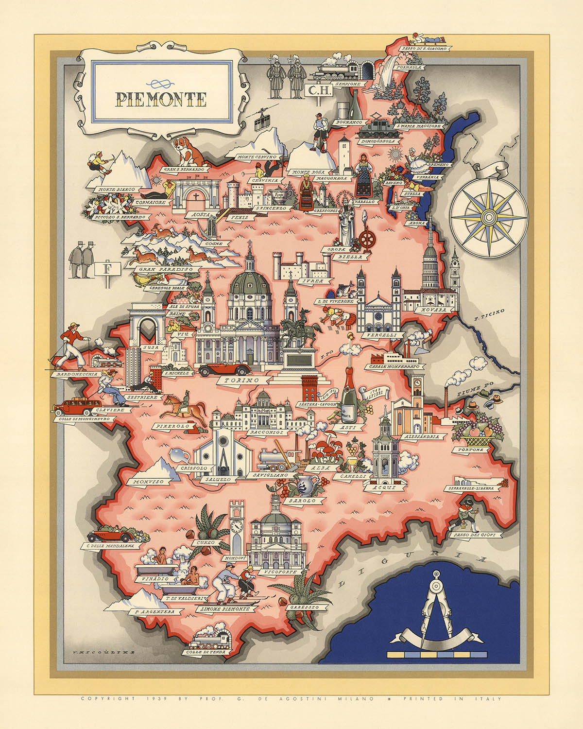 Ancienne carte picturale du Piémont par De Agostini, 1938 : Turin, Novare, Vercelli, Biella, Alessandria