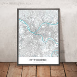 Moderne Stadtkarte von Pittsburgh, PA: Innenstadt, Oakland, PNC Park, Heinz Field, Carnegie Museum 