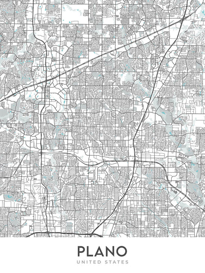 Plan de la ville moderne de Plano, Texas : centre-ville, Legacy West, Arbour Hills, Preston Rd, Dallas N Tollway