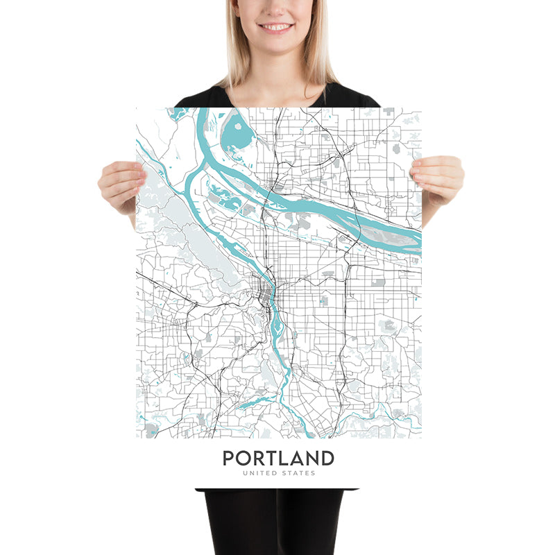 Plan de la ville moderne de Portland, Oregon : centre-ville, quartier de Pearl, rivière Willamette, mont. Hood, I-5
