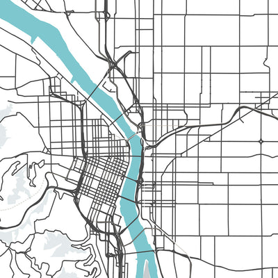 Plan de la ville moderne de Portland, Oregon : centre-ville, quartier de Pearl, rivière Willamette, mont. Hood, I-5