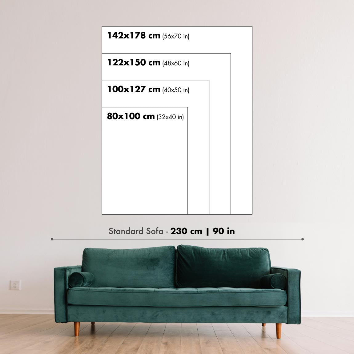 Different sizes of wall art, on a wall, with a sofa for scale. Used to show relative sizes of products available.