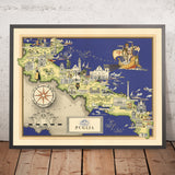 Ancienne carte picturale des Pouilles par De Agostini, 1938 : Bari, Brindisi, Foggia, Lecce, Tarente