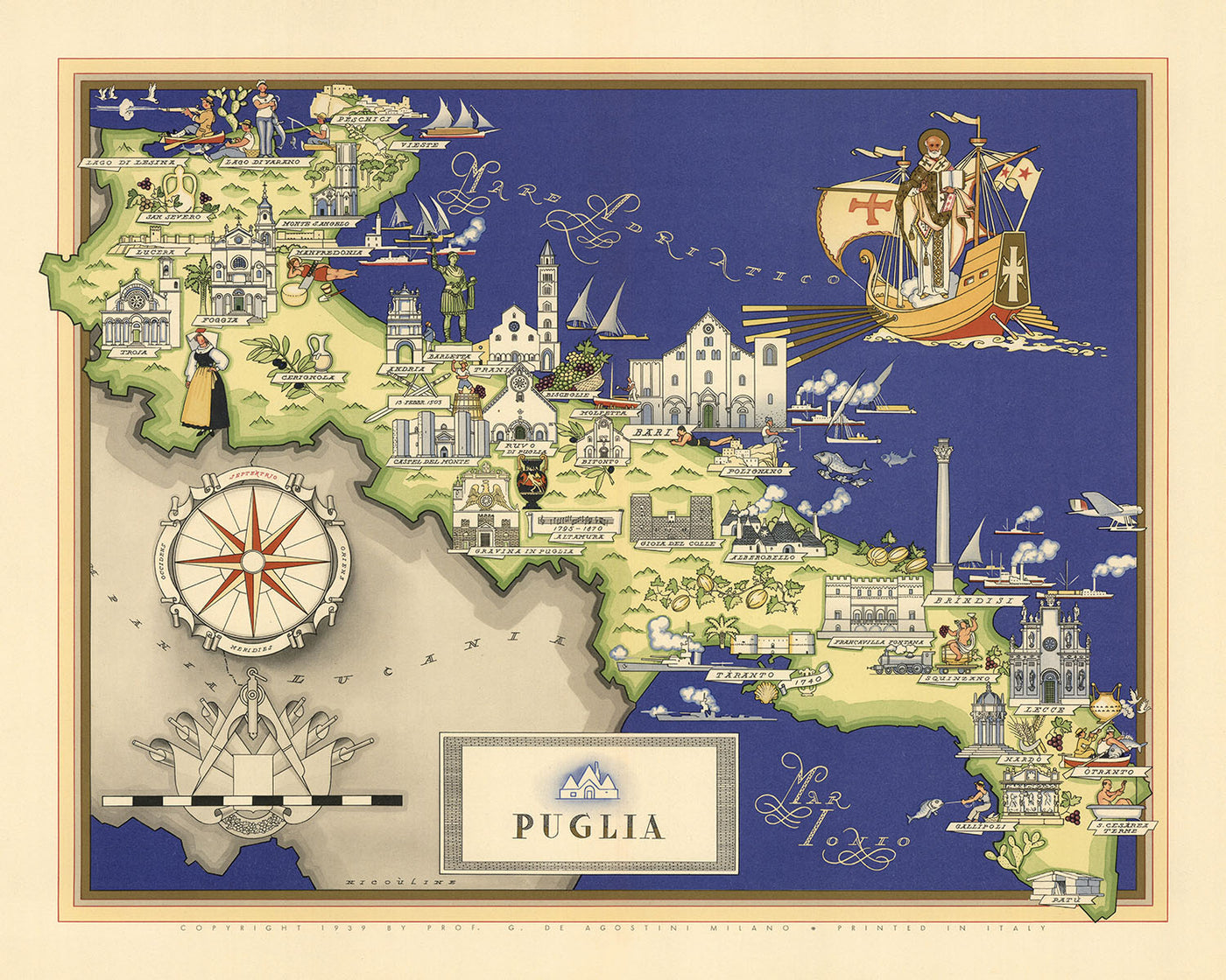Antiguo mapa pictórico de Apulia de De Agostini, 1938: Bari, Brindisi, Foggia, Lecce, Taranto