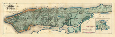 Mapa antiguo de las alcantarillas y vías fluviales de Manhattan en 1865 por Ferdinand Mayer & Co - Hudson River, East River, Blackwells Island, NYC, Central Park