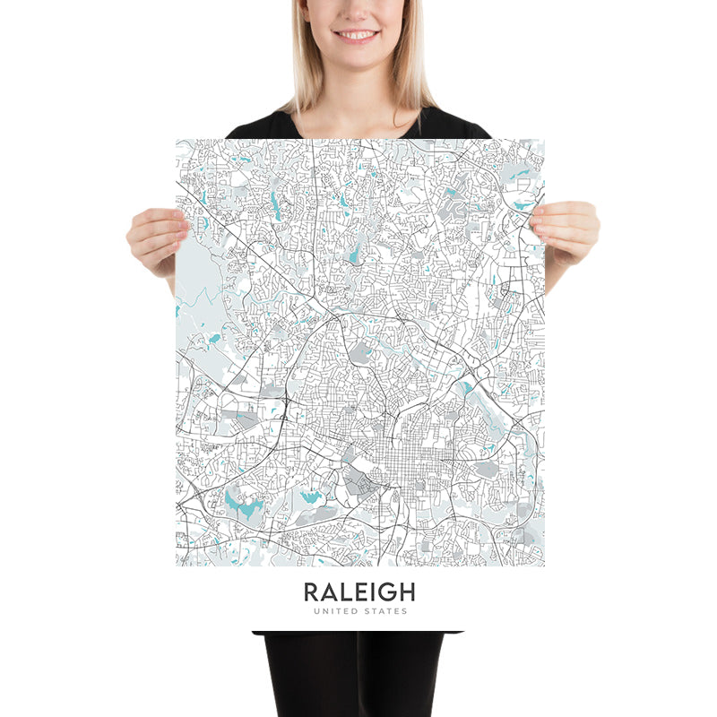 Plan de la ville moderne de Raleigh, Caroline du Nord : centre-ville, musées, parcs, stades, aéroport
