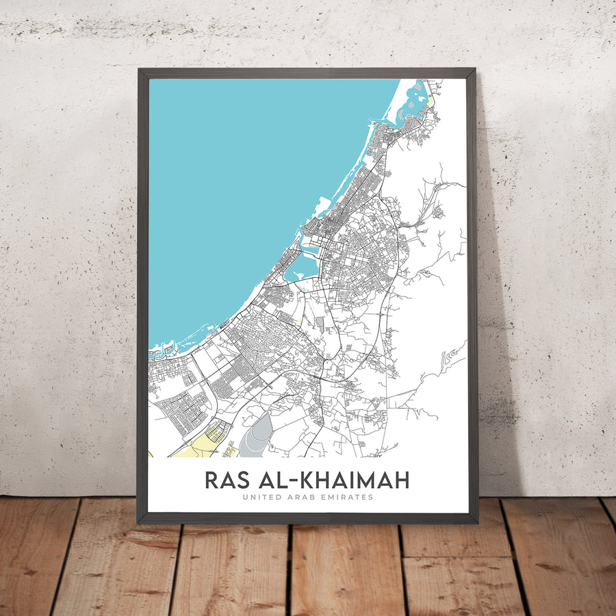 Modern City Map of Ras Al Khamiah, UAE: Al Qawasim Corniche, Al Rams, Al Rifah, Al Shamal, Al Zahra