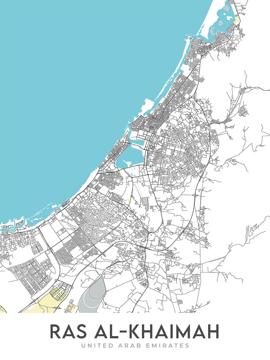 Modern City Map of Ras Al Khamiah, UAE: Al Qawasim Corniche, Al Rams, Al Rifah, Al Shamal, Al Zahra
