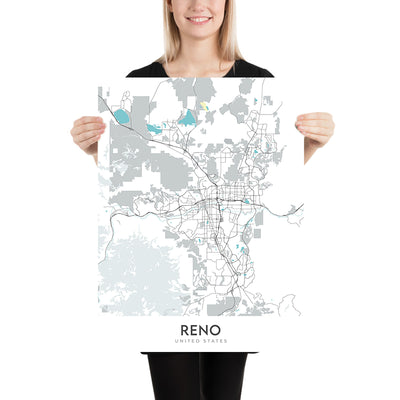 Mapa moderno de la ciudad de Reno, NV: centro, universidad, río Truckee, I-80, US-395