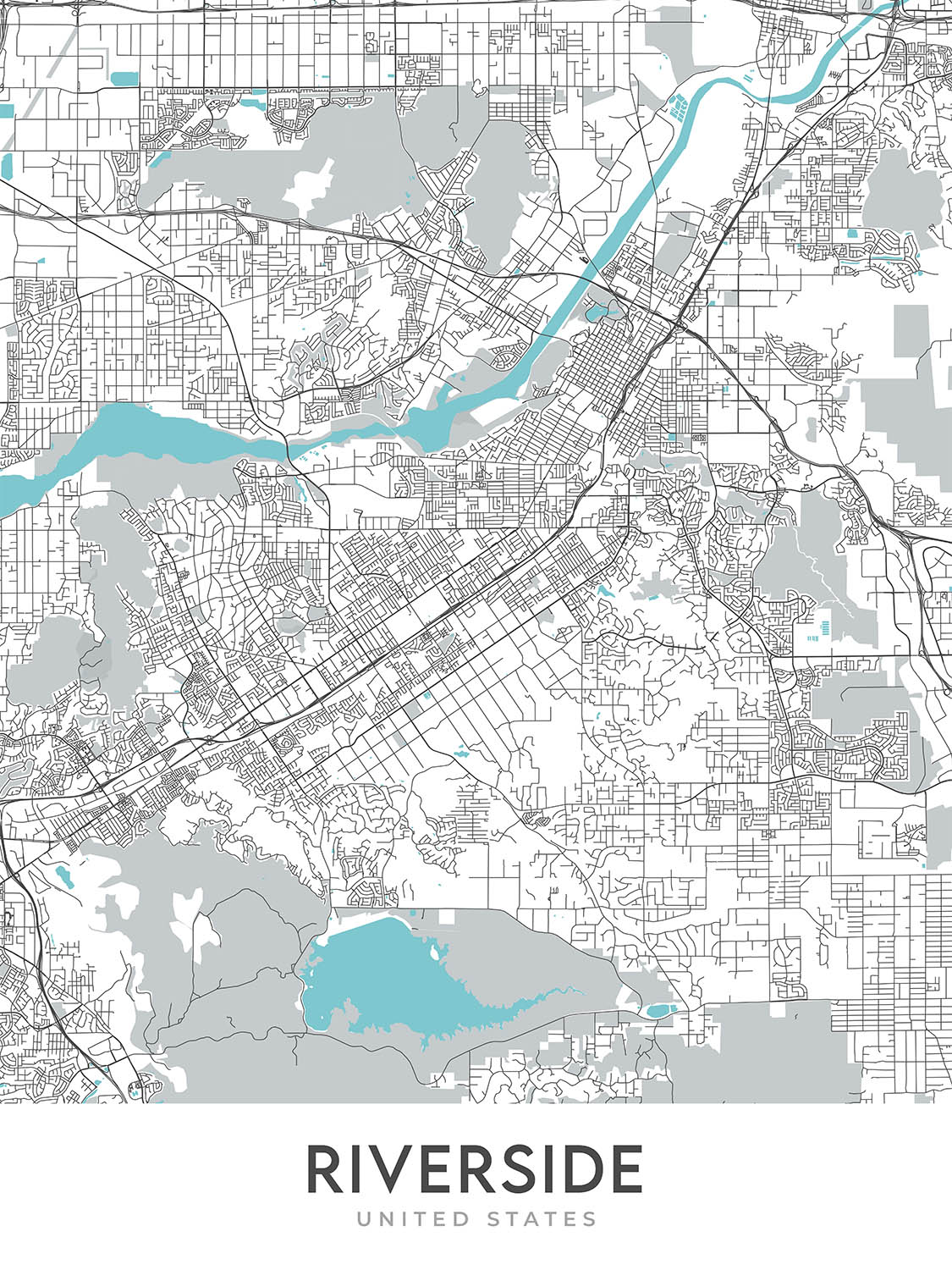 Mapa moderno de la ciudad de Riverside, CA: Arlington, centro de la ciudad, La Sierra, Museo de Arte de Riverside, Universidad de California