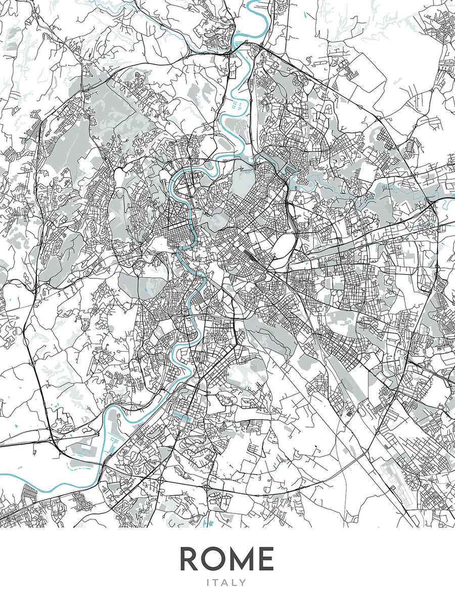 Modern City Map of Rome, Italy: Colosseum, Pantheon, Roman Forum, Trevi Fountain, Vatican City